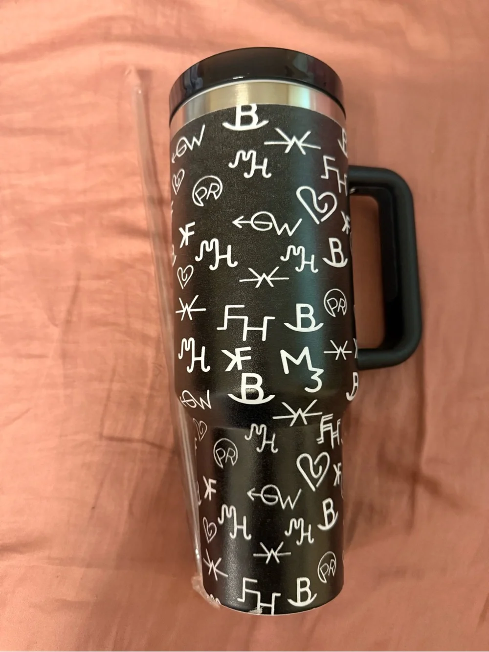 Insulated Black Travel Mug with White Script Pattern